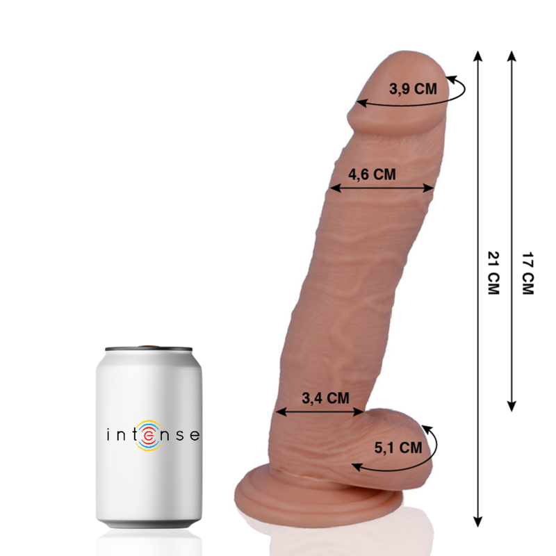 MR INTENSE Dildo Realista com Ventosa 21 cm, mostrando detalhes da textura e base de ventosa para uso mãos-livres.