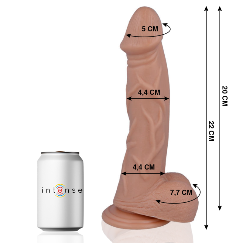 Dildo realista MR INTENSE com ventosa, mostrando sua textura e dimensões.