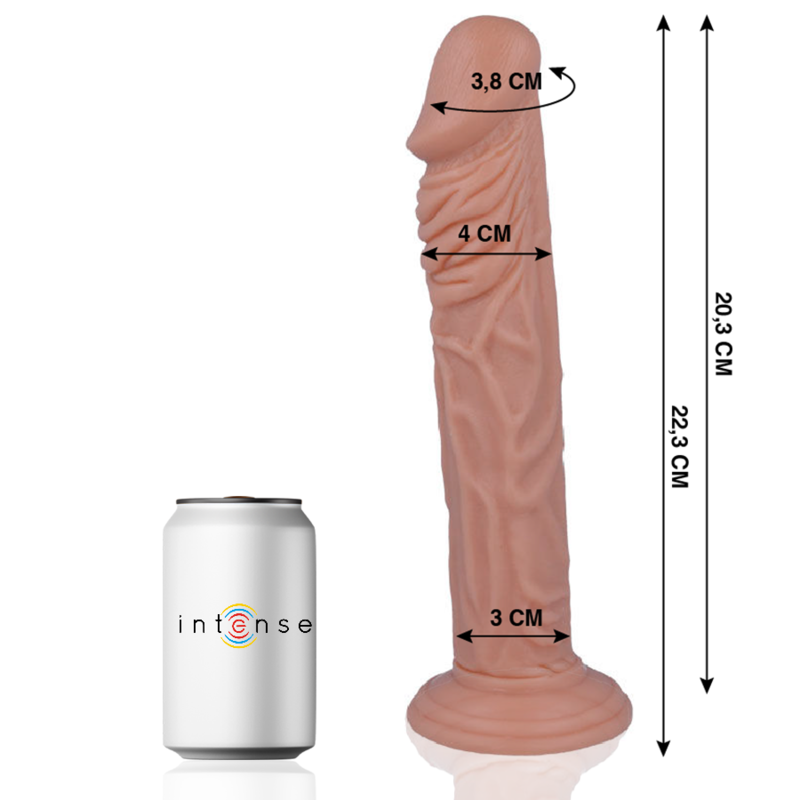 Close-up of the MR INTENSE Dildo Realista Suave with Ventosa, showing its realistic details and texture.