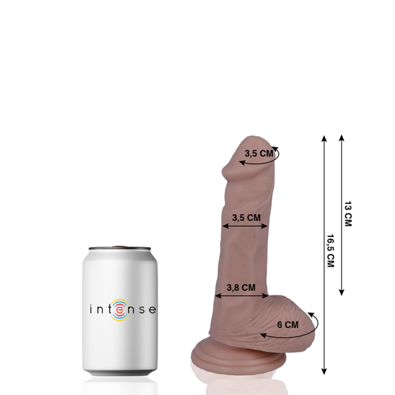 Close-up do MR INTENSE Dildo Realista 16.5 cm x 3.5 cm, mostrando a textura suave e forma ergonómica.