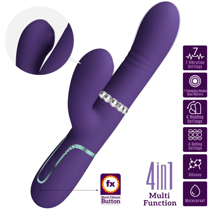 Vibrador multifunção PRETTY LOVE G-Spot Rabbit roxo, feito de silicone, com múltiplos modos de estimulação e recarregável.