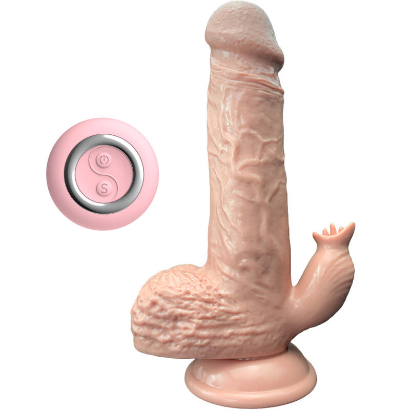 Armony Vibrador Realista Dildo de Impulso com Estimulador de Língua 19 CM, detalhe da textura e funcionalidades.