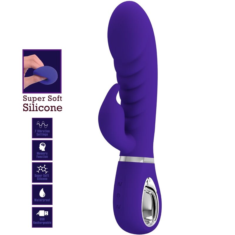 Close-up do Vibrador PRETTY LOVE Prescott Multifunções Ponto G e Clítoris, mostrando seu design em silicone roxo.