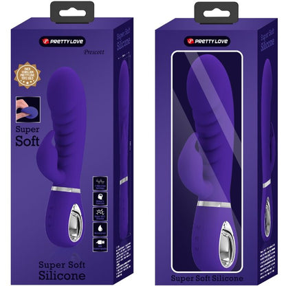 Close-up do Vibrador PRETTY LOVE Prescott Multifunções Ponto G e Clítoris, mostrando seu design em silicone roxo.