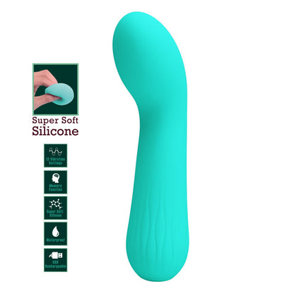 Vibrador Ponto G PRETTY LOVE Faun Aqua Verde, detalhe da superfície e formato ergonómico.