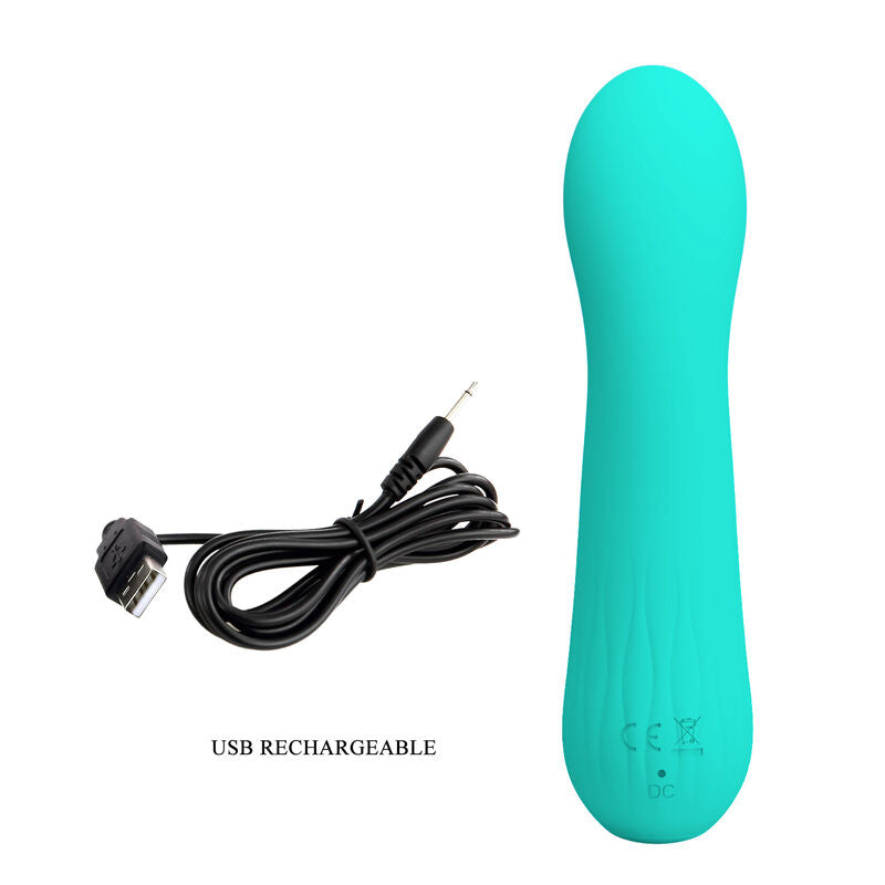 Vibrador Ponto G PRETTY LOVE Faun Aqua Verde, detalhe da superfície e formato ergonómico.