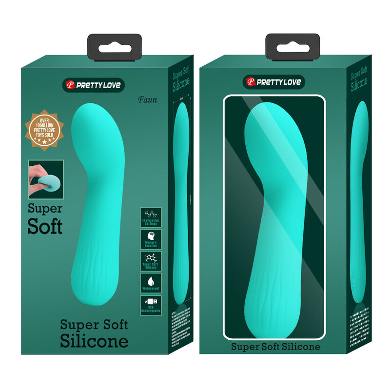Vibrador Ponto G PRETTY LOVE Faun Aqua Verde, detalhe da superfície e formato ergonómico.