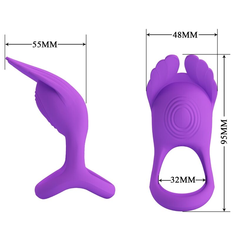 Anel Peniano Vibrante PRETTY LOVE Silas de silicone roxo, com 7 modos de vibração e carregamento USB.