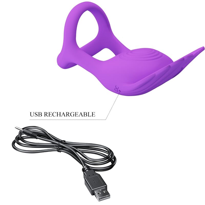 Anel Peniano Vibrante PRETTY LOVE Silas de silicone roxo, com 7 modos de vibração e carregamento USB.