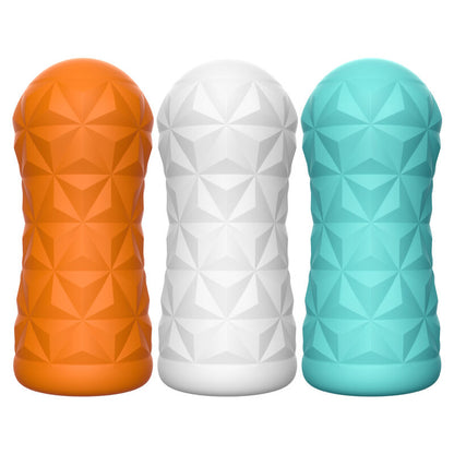 Close-up do kit PRETTY LOVE Masturbador Victoria 15 Peças, mostrando diferentes cores e texturas internas.