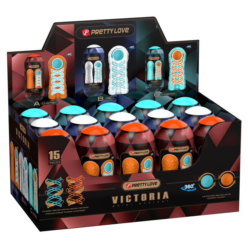 Close-up do kit PRETTY LOVE Masturbador Victoria 15 Peças, mostrando diferentes cores e texturas internas.