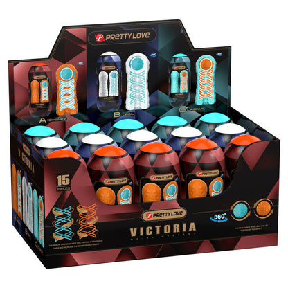 Close-up do kit PRETTY LOVE Masturbador Victoria 15 Peças, mostrando diferentes cores e texturas internas.