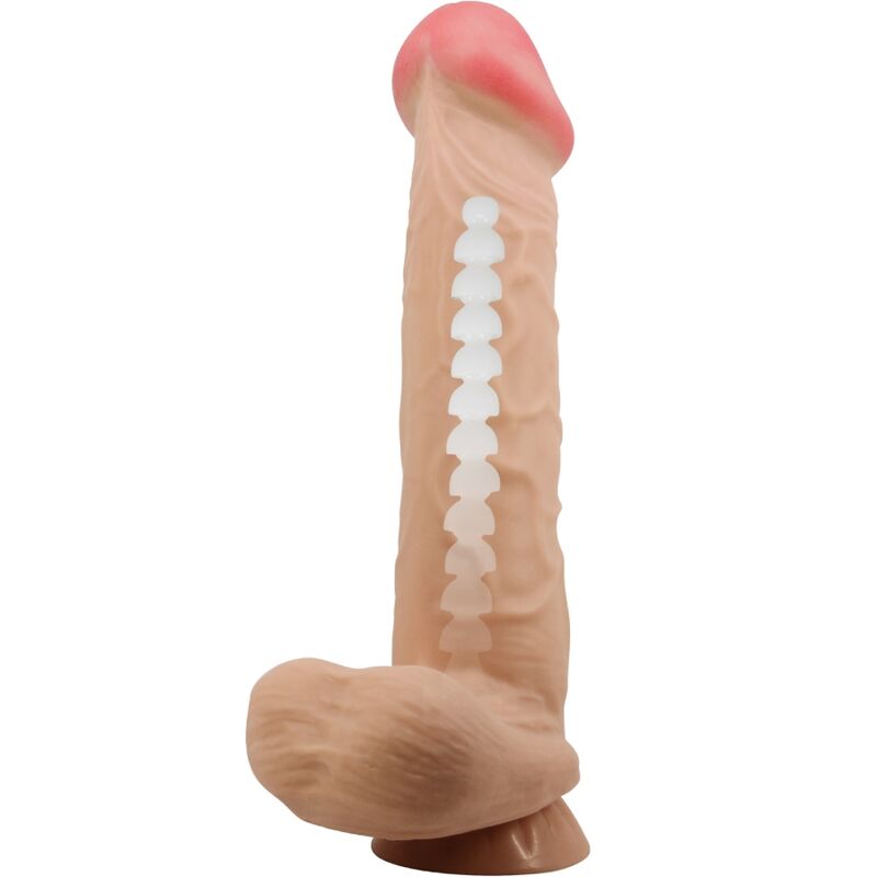 PRETTY LOVE Dildo Realístico com Ventosa e Pele Deslizante 26 CM, detalhe da textura e base.