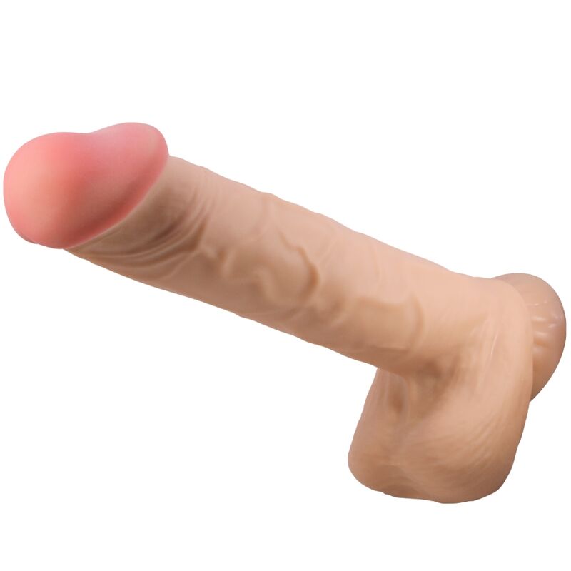 PRETTY LOVE Dildo Realístico com Ventosa e Pele Deslizante 26 CM, detalhe da textura e base.
