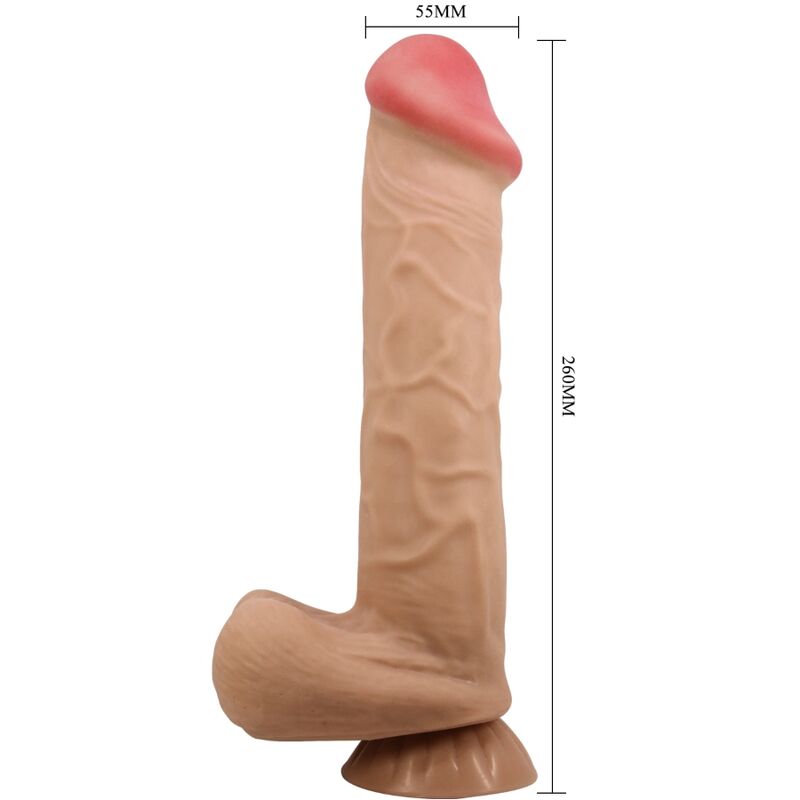 PRETTY LOVE Dildo Realístico com Ventosa e Pele Deslizante 26 CM, detalhe da textura e base.