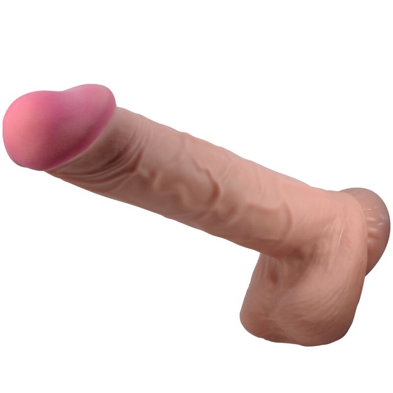 Close-up do Dildo Realista Sliding Skin Pretty Love 26cm com ventosa, mostrando sua textura e cor marrom.