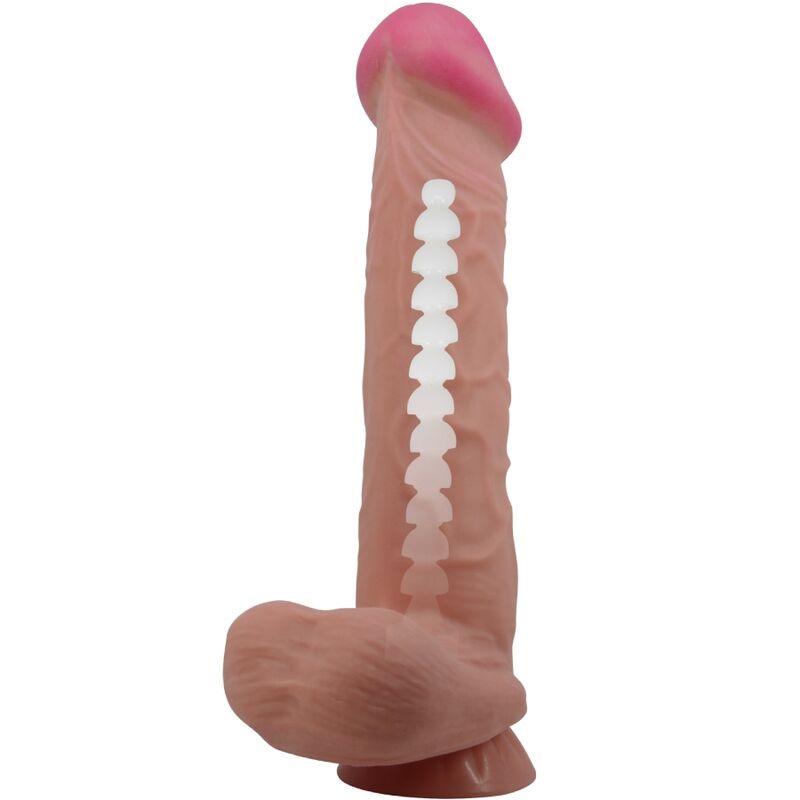 Close-up do Dildo Realista Sliding Skin Pretty Love 26cm com ventosa, mostrando sua textura e cor marrom.