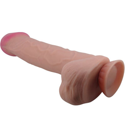 Close-up do Dildo Realista Sliding Skin Pretty Love 26cm com ventosa, mostrando sua textura e cor marrom.