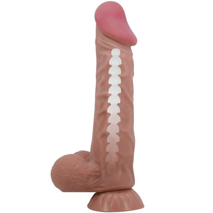 Close-up of the PRETTY LOVE Dildo Realístico Pele Deslizante Ventosa Marrom 24 CM showing its realistic texture and suction cup base.