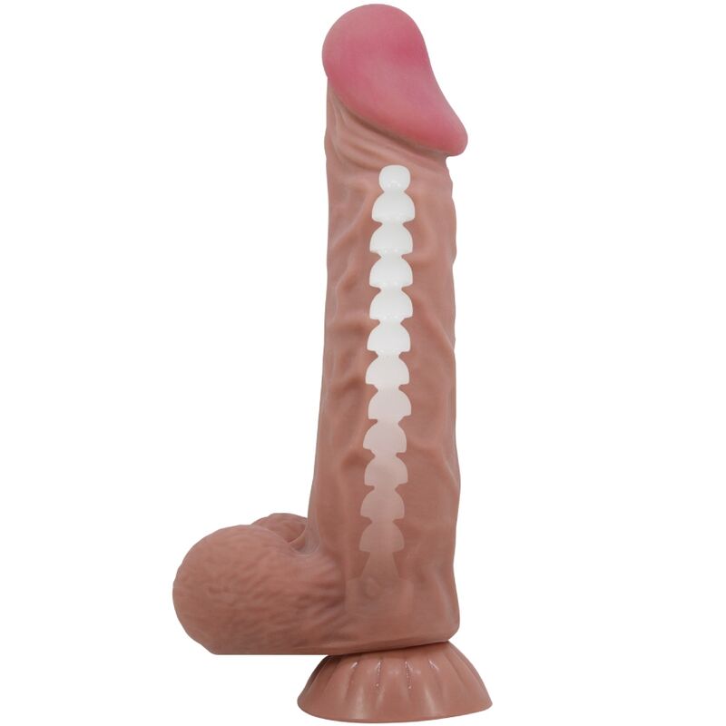 Close-up of the PRETTY LOVE Dildo Realístico Pele Deslizante Ventosa Marrom 24 CM showing its realistic texture and suction cup base.