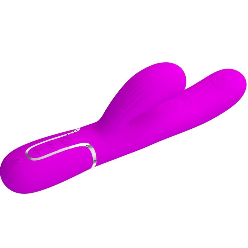 Close-up do PRETTY LOVE Vibrador Rabbit Multifunções 3 em 1 Ponto G Violeta, mostrando o design ergonómico e estimulador clitoriano.