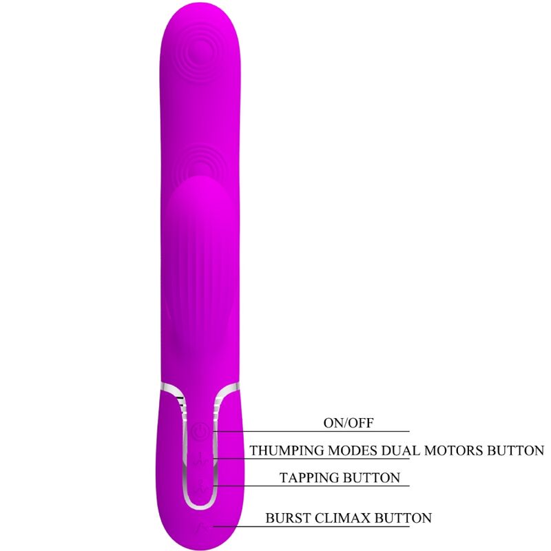 Close-up do PRETTY LOVE Vibrador Rabbit Multifunções 3 em 1 Ponto G Violeta, mostrando o design ergonómico e estimulador clitoriano.