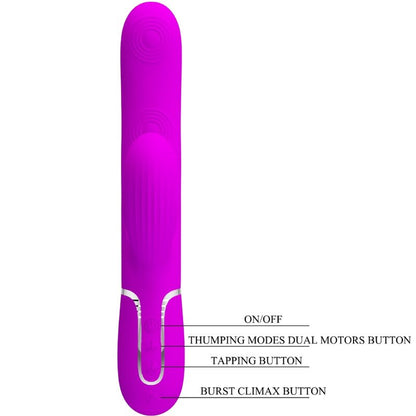 Close-up do PRETTY LOVE Vibrador Rabbit Multifunções 3 em 1 Ponto G Violeta, mostrando o design ergonómico e estimulador clitoriano.