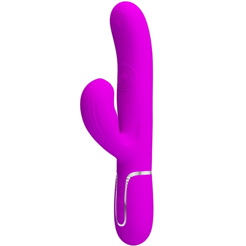 Close-up do PRETTY LOVE Vibrador Rabbit Multifunções 3 em 1 Ponto G Violeta, mostrando o design ergonómico e estimulador clitoriano.