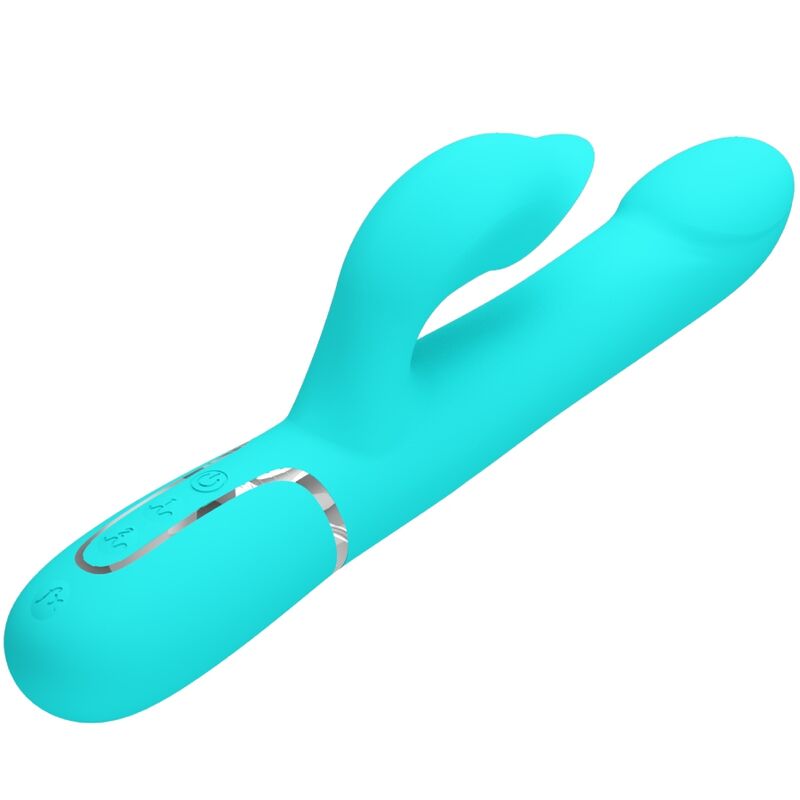Vibrador Coelho Pretty Love Pérolas Aqua Verde para estimulação dupla e prazer intenso.