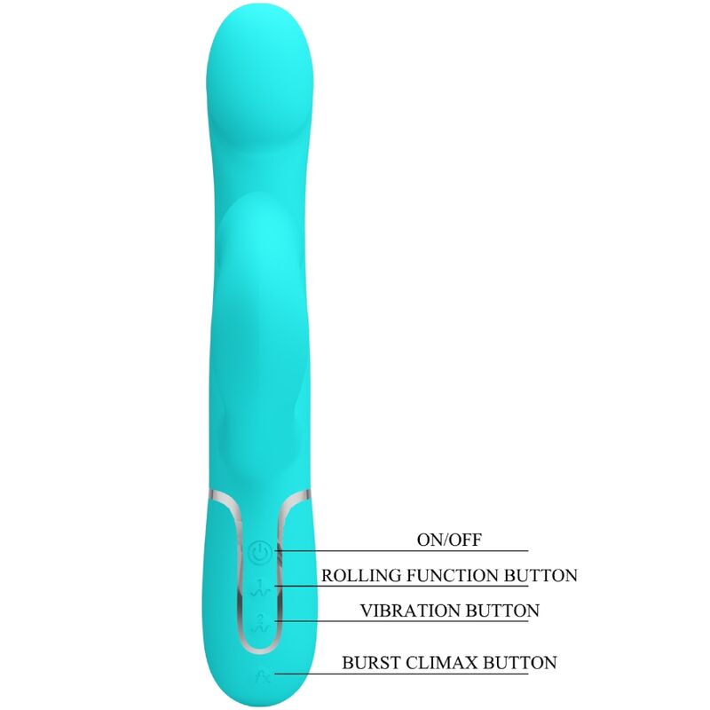Vibrador Coelho Pretty Love Pérolas Aqua Verde para estimulação dupla e prazer intenso.