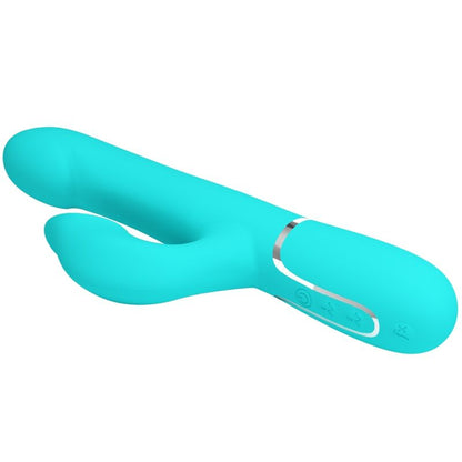 Vibrador Coelho Pretty Love Pérolas Aqua Verde para estimulação dupla e prazer intenso.