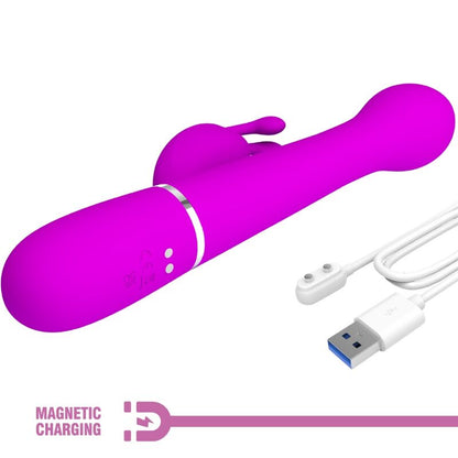 Close-up do Vibrador Pretty Love Dejon Coelho Rabbit 3 em 1 Multifunções Violeta, destacando seu design e textura em silicone.