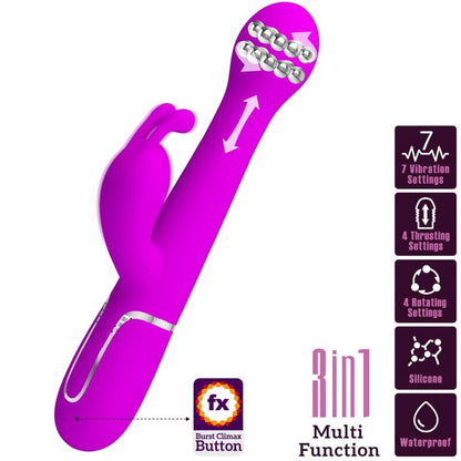 Close-up do Vibrador Pretty Love Dejon Coelho Rabbit 3 em 1 Multifunções Violeta, destacando seu design e textura em silicone.