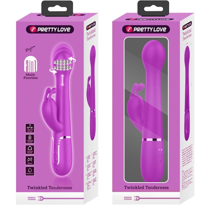 Close-up do Vibrador Pretty Love Dejon Coelho Rabbit 3 em 1 Multifunções Violeta, destacando seu design e textura em silicone.