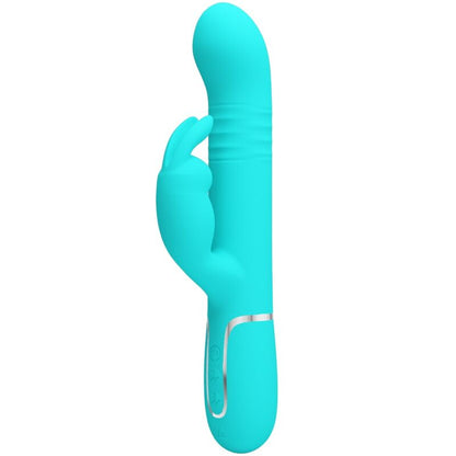 PRETTY LOVE Vibrador Rabbit com Pérolas Rotativas e Dupla Estimulação, em cor verde água, detalhe das pérolas e estimulador clitoriano.