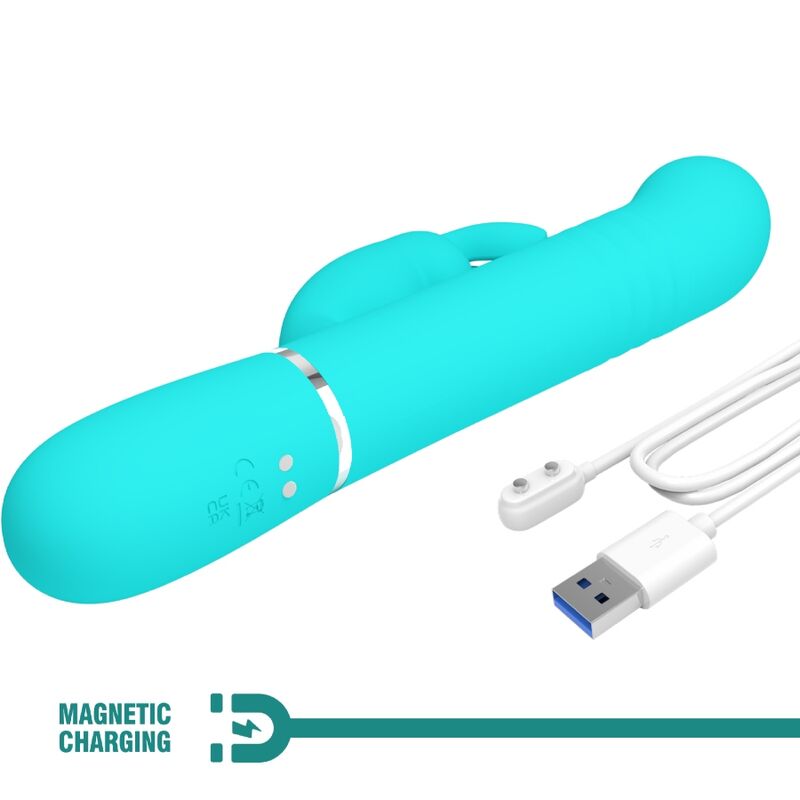 PRETTY LOVE Vibrador Rabbit com Pérolas Rotativas e Dupla Estimulação, em cor verde água, detalhe das pérolas e estimulador clitoriano.
