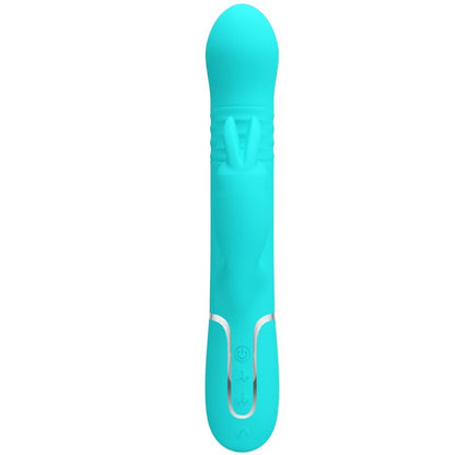 PRETTY LOVE Vibrador Rabbit com Pérolas Rotativas e Dupla Estimulação, em cor verde água, detalhe das pérolas e estimulador clitoriano.