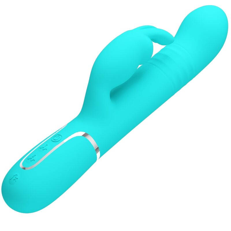 PRETTY LOVE Vibrador Rabbit com Pérolas Rotativas e Dupla Estimulação, em cor verde água, detalhe das pérolas e estimulador clitoriano.