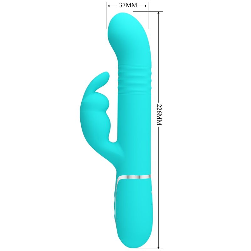 PRETTY LOVE Vibrador Rabbit com Pérolas Rotativas e Dupla Estimulação, em cor verde água, detalhe das pérolas e estimulador clitoriano.