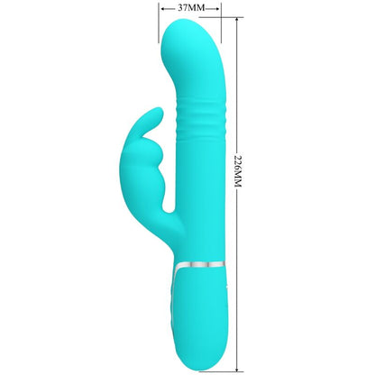PRETTY LOVE Vibrador Rabbit com Pérolas Rotativas e Dupla Estimulação, em cor verde água, detalhe das pérolas e estimulador clitoriano.