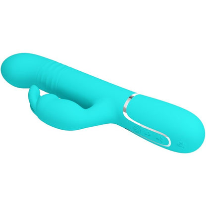 PRETTY LOVE Vibrador Rabbit com Pérolas Rotativas e Dupla Estimulação, em cor verde água, detalhe das pérolas e estimulador clitoriano.