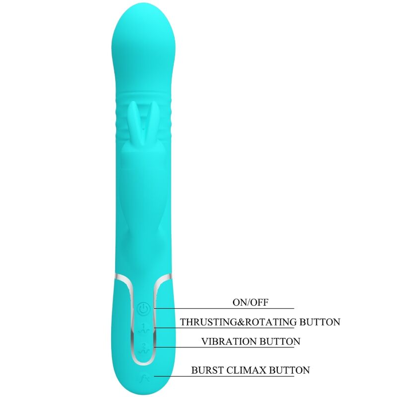 PRETTY LOVE Vibrador Rabbit com Pérolas Rotativas e Dupla Estimulação, em cor verde água, detalhe das pérolas e estimulador clitoriano.