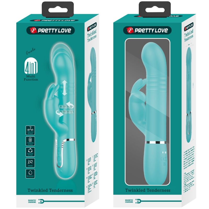 PRETTY LOVE Vibrador Rabbit com Pérolas Rotativas e Dupla Estimulação, em cor verde água, detalhe das pérolas e estimulador clitoriano.