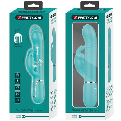 PRETTY LOVE Vibrador Rabbit com Pérolas Rotativas e Dupla Estimulação, em cor verde água, detalhe das pérolas e estimulador clitoriano.