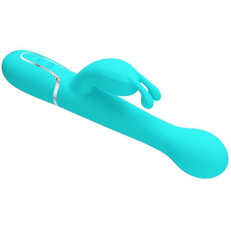 Close-up do Vibrador Coelho Pretty Love Dejon 3 em 1 Multifunções, mostrando seu design ergonômico e material de silicone violeta.