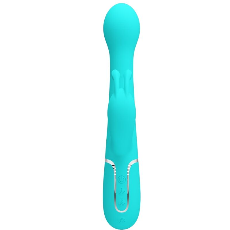 Close-up do Vibrador Coelho Pretty Love Dejon 3 em 1 Multifunções, mostrando seu design ergonômico e material de silicone violeta.