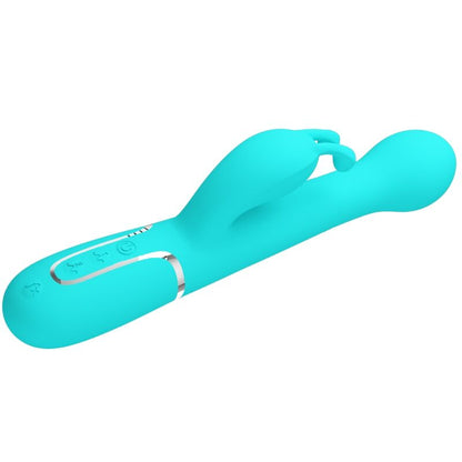 Close-up do Vibrador Coelho Pretty Love Dejon 3 em 1 Multifunções, mostrando seu design ergonômico e material de silicone violeta.