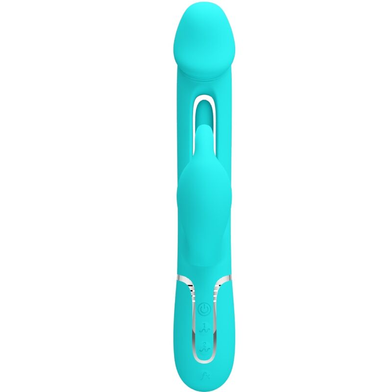 Close-up do Vibrador Coelho PRETTY LOVE Dejon, destacando seu design ergonômico, o estimulador coelho e a textura de silicone.