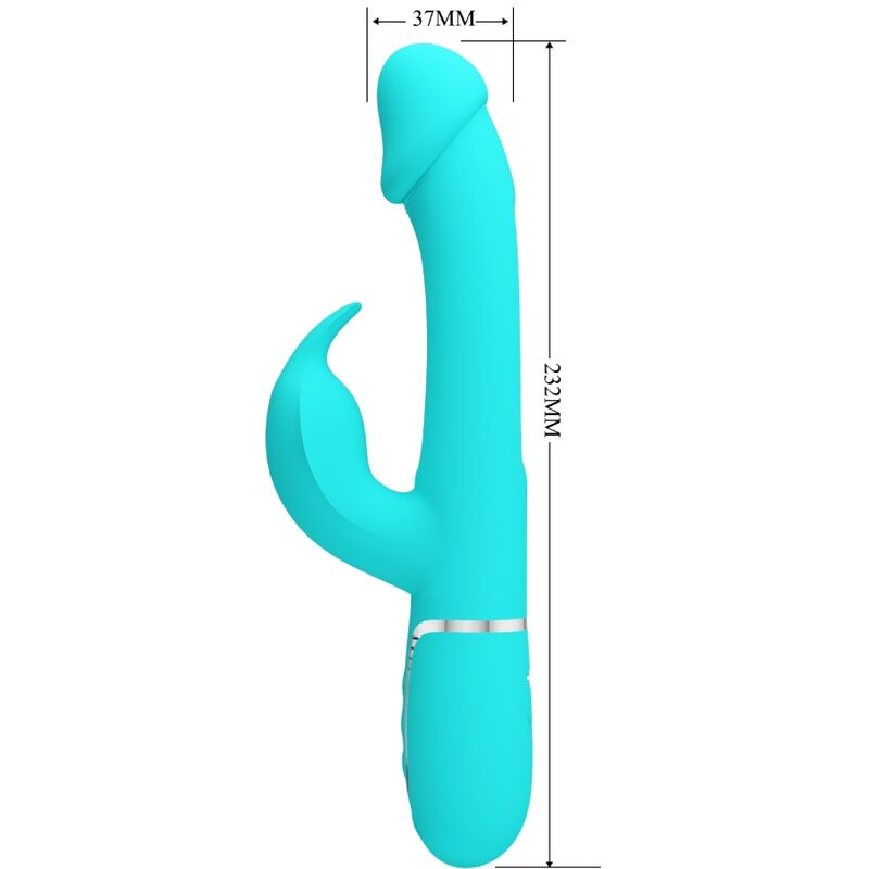 Close-up do Vibrador Coelho PRETTY LOVE Dejon, destacando seu design ergonômico, o estimulador coelho e a textura de silicone.