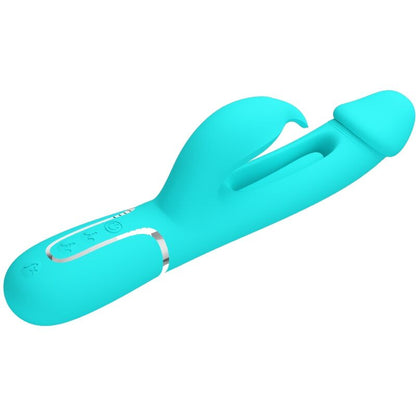 Close-up do Vibrador Coelho PRETTY LOVE Dejon, destacando seu design ergonômico, o estimulador coelho e a textura de silicone.